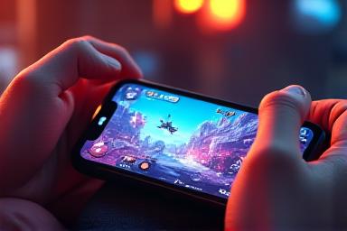 Gamer playing mobile game with vibrant graphics